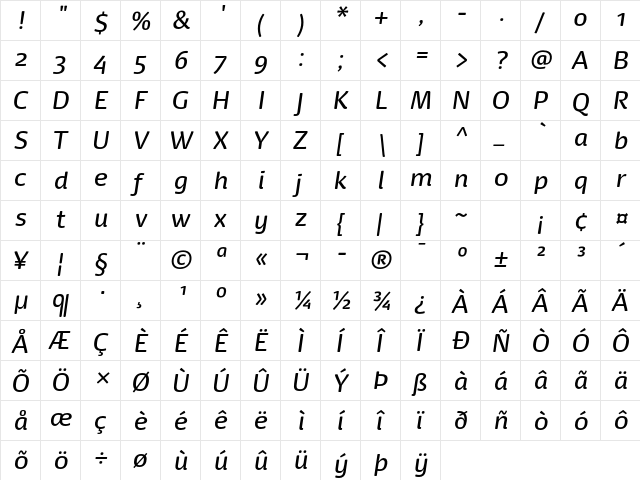 Dancer Pro Book Italic  glyph index