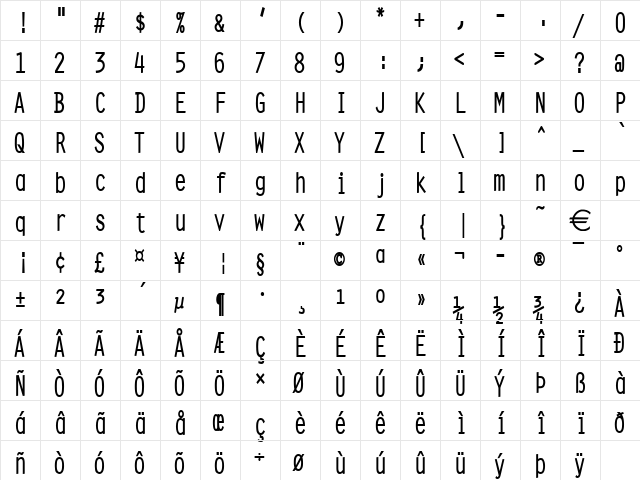 CleanCondensed Bold  glyph index