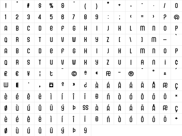 Gala Regular  glyph index