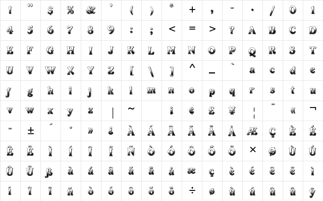 Cabaret Std Regular  glyph index