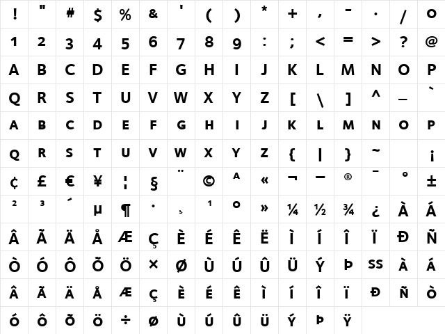 FoundrySterling-BoldExpert Regular  glyph index