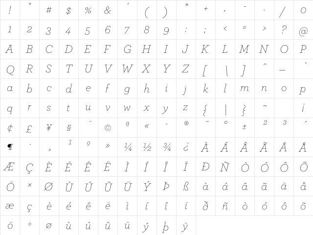 ArcherPro Extra Light Italic  glyph index