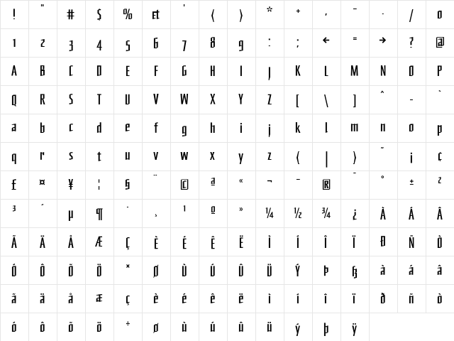 PrimaryStone Regular  glyph index