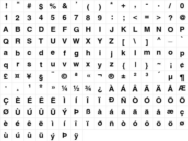 Switzerland Bold  glyph index