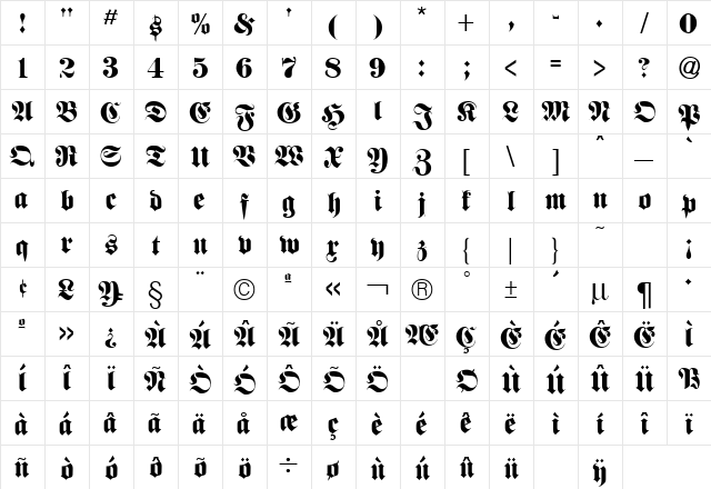 Fraktur Regular  glyph index