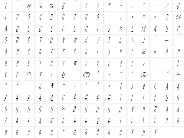 Wire-Extended Bold Italic  glyph index