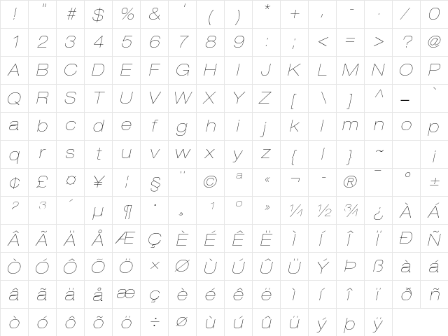 Helvetica Neue LT Pro 23 Ultra Light Extended Oblique  glyph index
