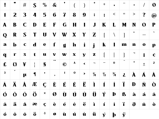 Mullingar Regular  glyph index