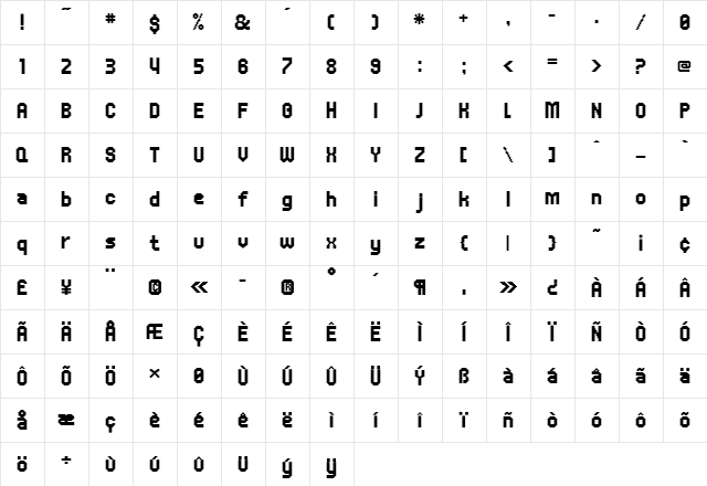 UNDA Regular  glyph index