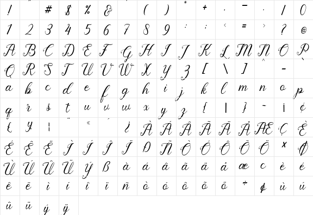 Pruistine Script Regular  glyph index