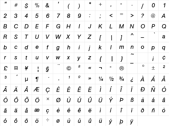 URWAccidaliaBucT Italic  glyph index