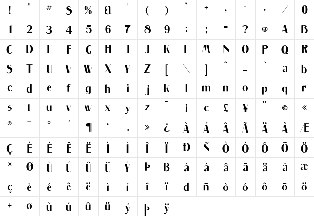 Massenet SemiBold Bold  glyph index