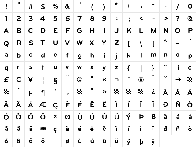 Bryant-Bold Regular  glyph index