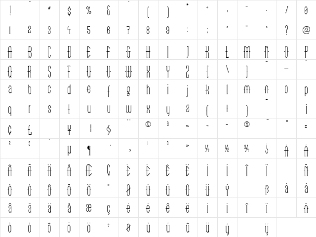 LTGoTekk Thin Regular  glyph index