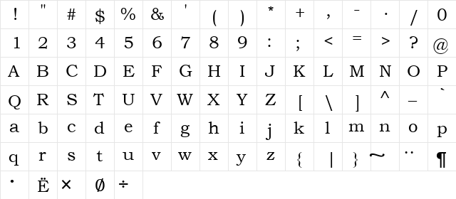 Menaion Regular  glyph index