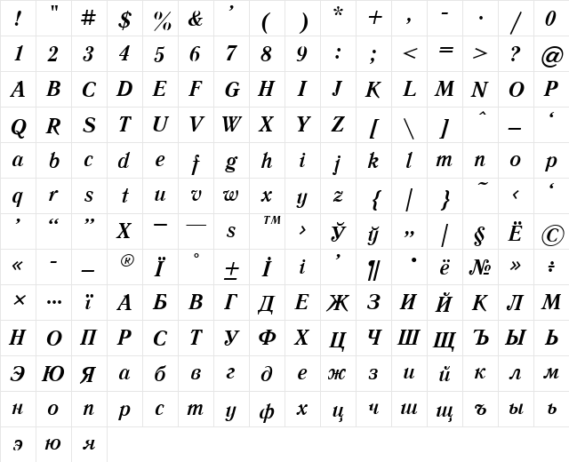 Literaturnaya Bold Italic  glyph index