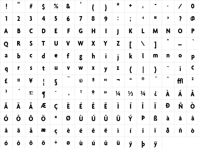 Agenda Bold  glyph index