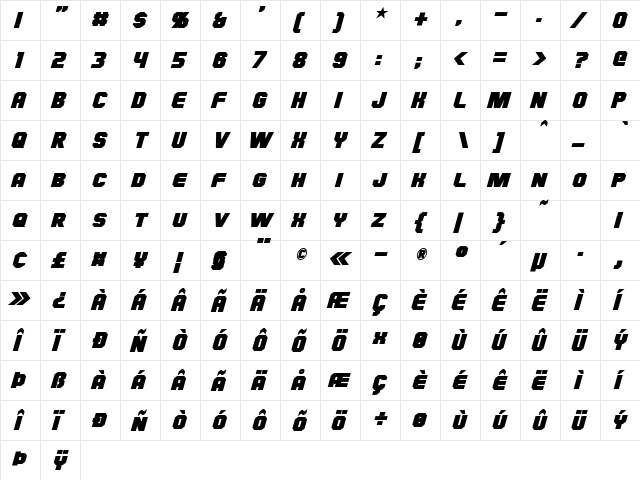 Hauser Bold Italic  glyph index