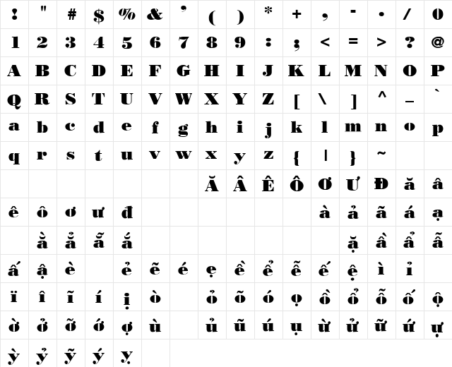 .VnBodoni Regular  glyph index
