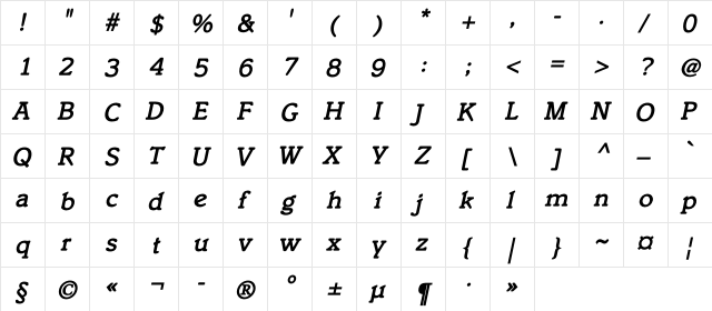 ItaliaC Bold Italic  glyph index