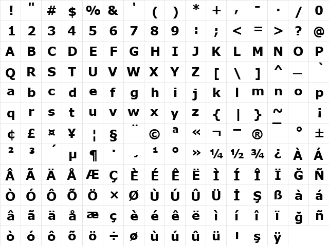 Verdana Digiscream Bold  glyph index