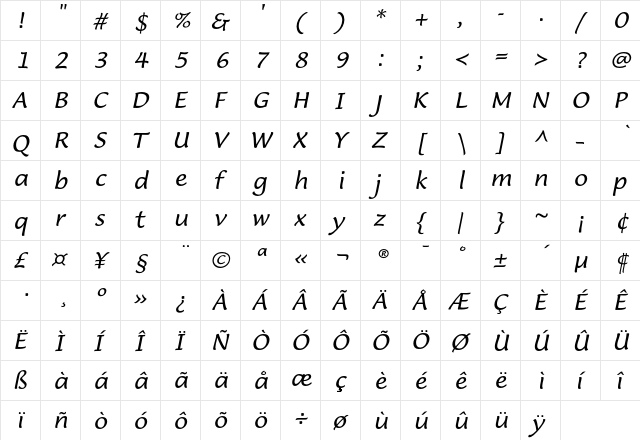 LucidaCasualEF Italic  glyph index