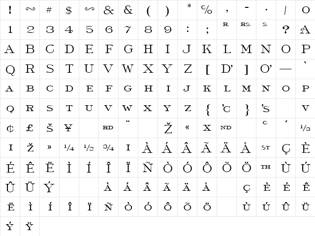 Light Roman Regular  glyph index
