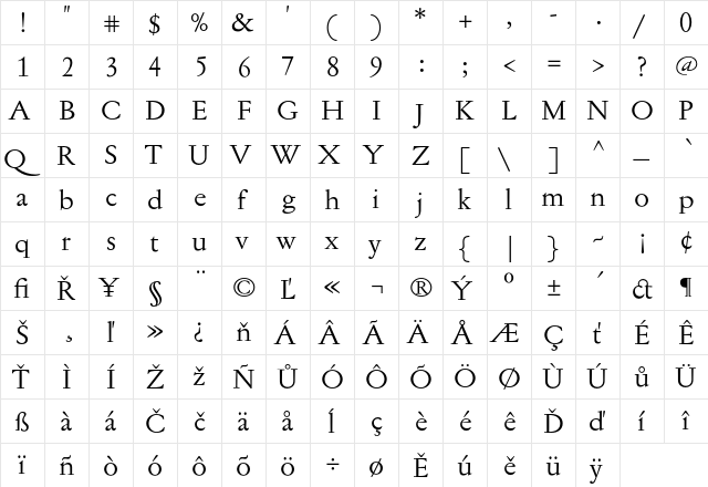 Jannon Text Regular  glyph index