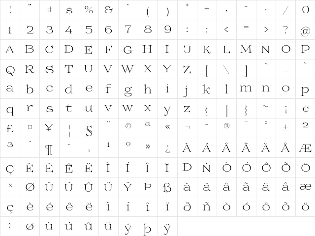 Prida01 Light  glyph index