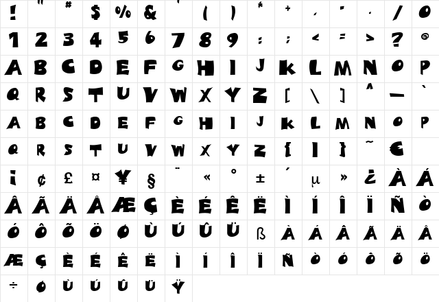 Hattrick Regular  glyph index