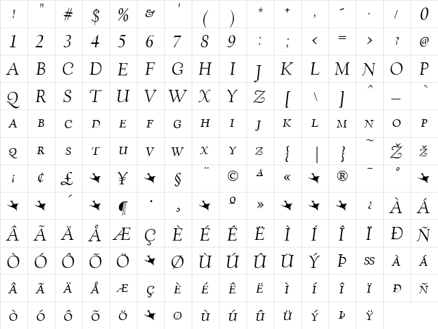 Village Regular  glyph index