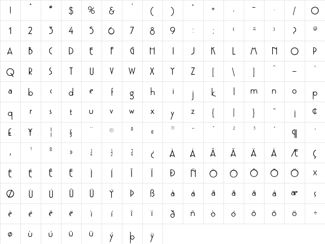 GatsbyFLF Bold  glyph index