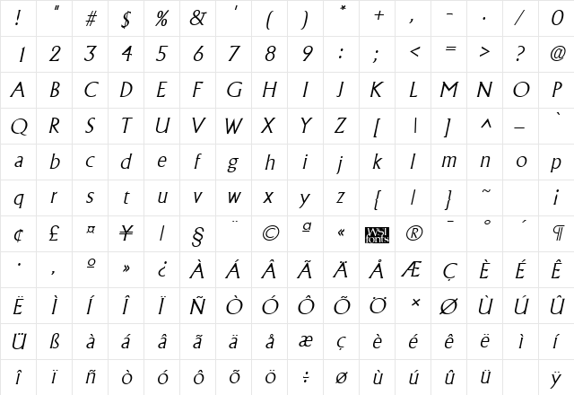 AcclaimExtralight Italic  glyph index