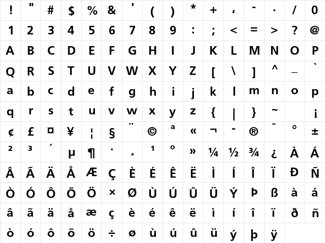 Frutiger LT Std 65 Bold  glyph index