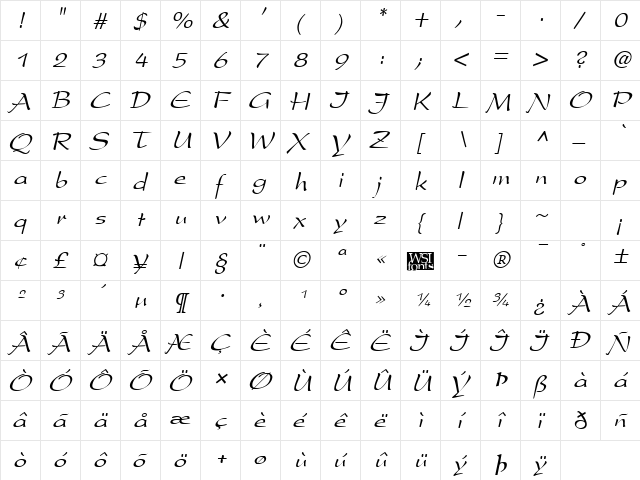 PrestonScript Italic  glyph index