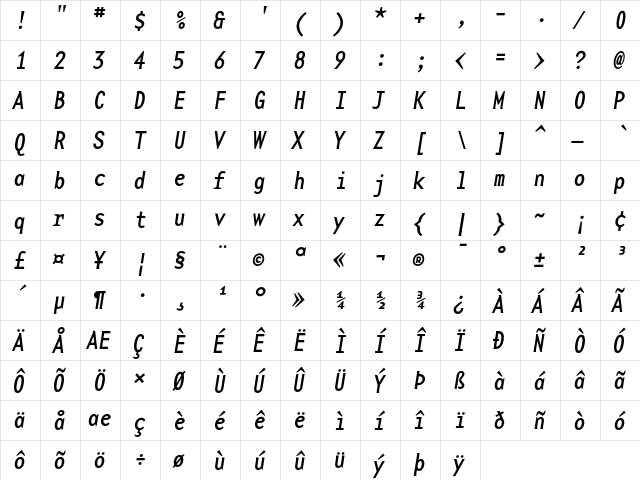 BaseMono NarrowRegItalic  glyph index