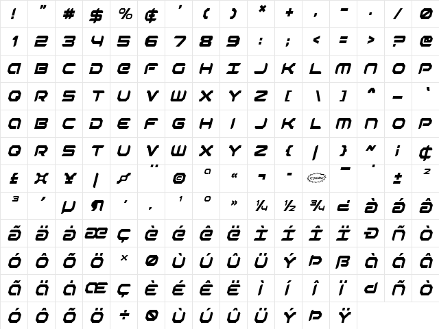 Robotaur Condensed Italic Condensed Italic  glyph index