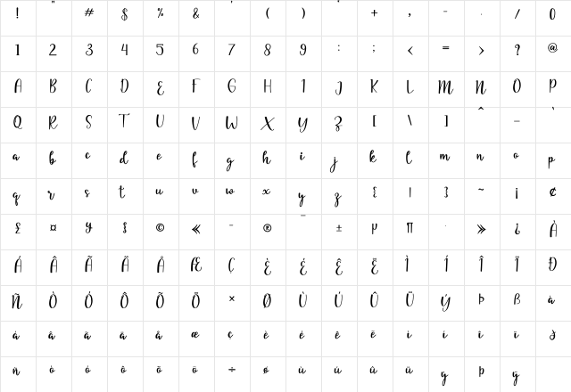 yellia Regular  glyph index