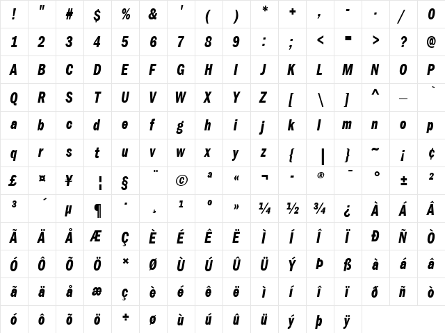 ITCFranklinGothic LT BookCp Bold Italic  glyph index