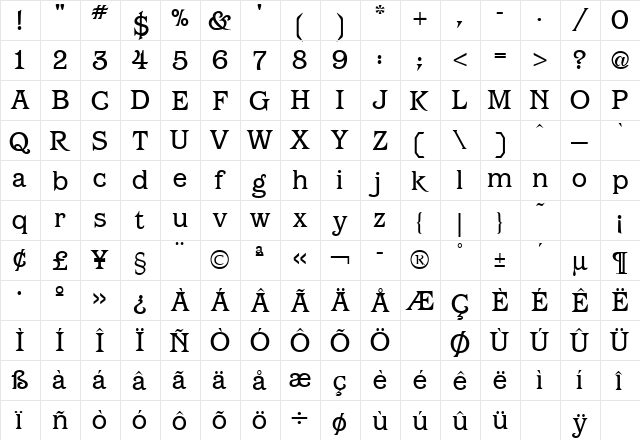 Barcelona Regular  glyph index