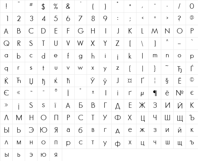 Glasnost Light  glyph index