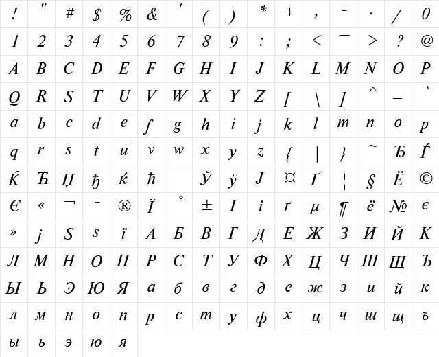 NewtonWINCTT Italic  glyph index