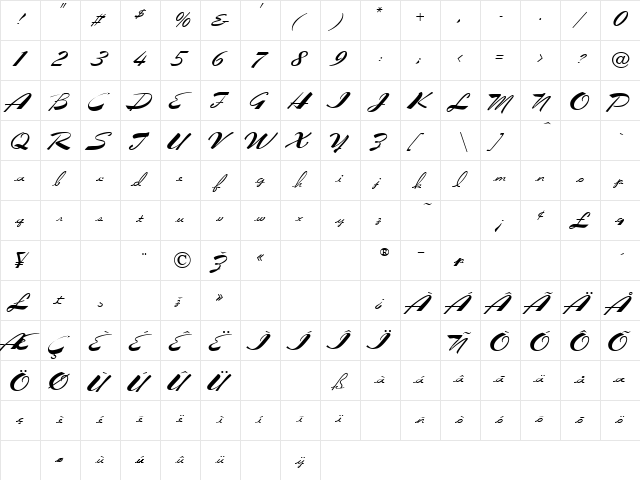 Flare Regular  glyph index