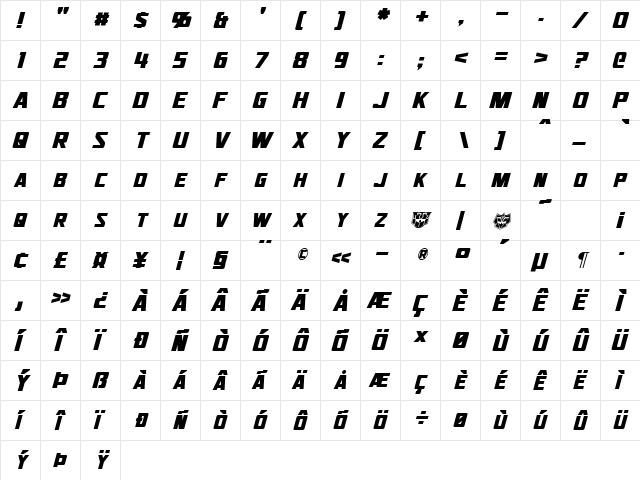 Jhiaxus Italic  glyph index