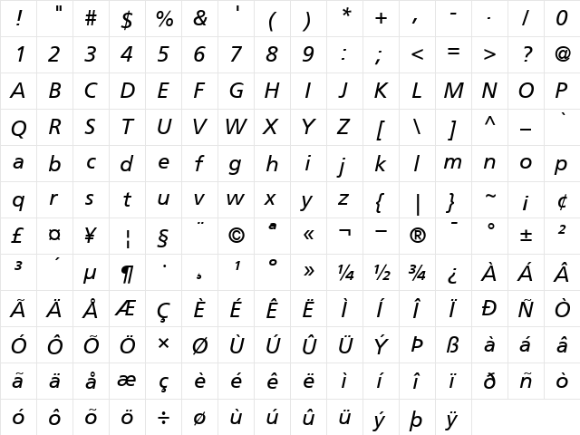 Frutiger56 RomanItalic  glyph index