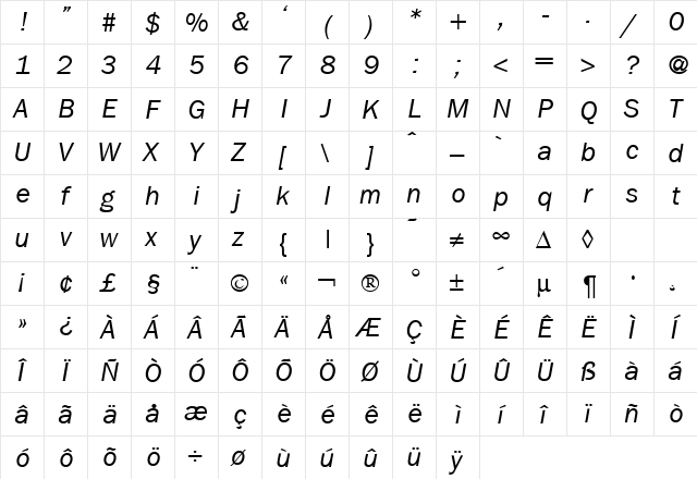 FranklinGothicNew RegularItalic  glyph index