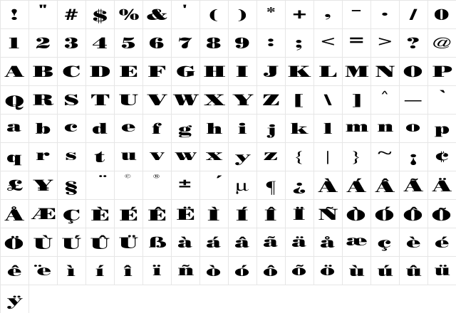 BODIDLYbold Extended Regular  glyph index