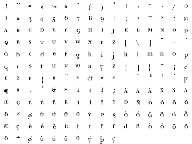 DemocraticaBoldOldstyle Regular  glyph index