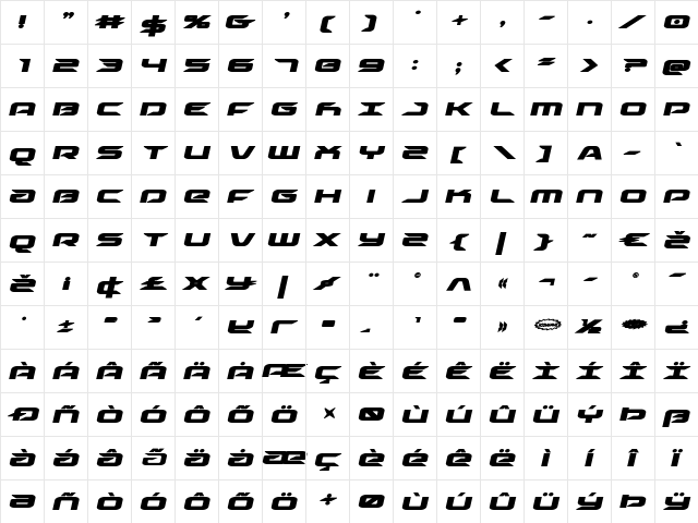 Drive Bold Italic Bold Italic  glyph index