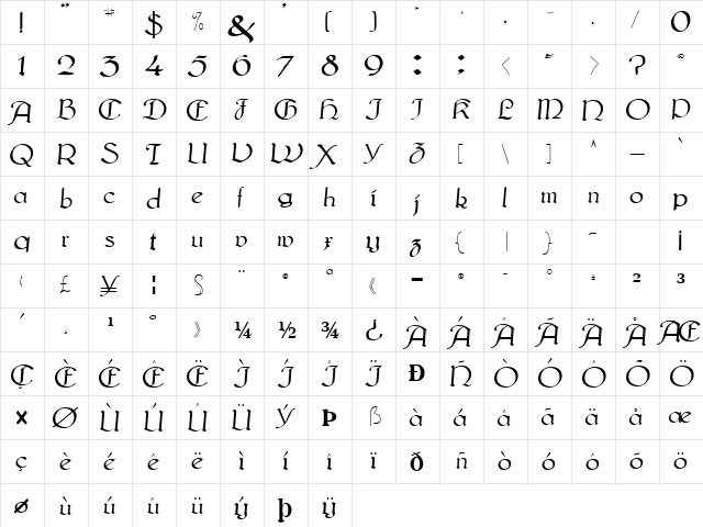 MetalPenNew113 Regular  glyph index